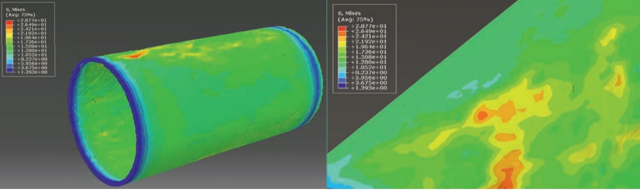 Figure 3. Stress results visualized (left) and detailed view of high stressed location (right).