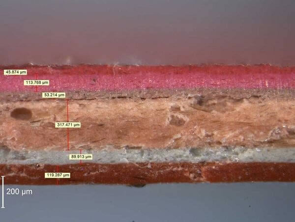 Microscopic image of a coating, side view.