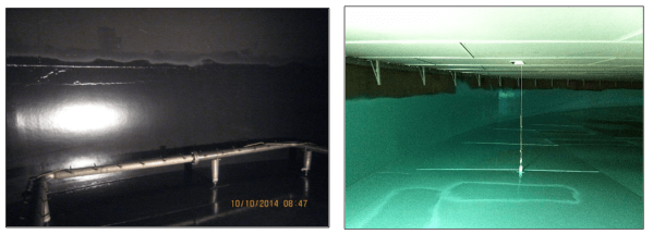 The view inside tanks coated with conductive (left) and non-conductive coatings.