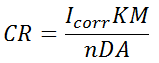 Calculating the corrosion rate (CR) from current flow: CR = (I corr x KM) / nDA