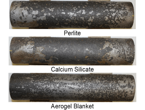 Figure 3: Magnetite formation on carbon steel pipes installed with Thermo-1200™ calcium silicate, Sproule WR-1200 perlite and the tested silica aerogel blanket after high-temperature wet and dry cycling conditions for 6 months.