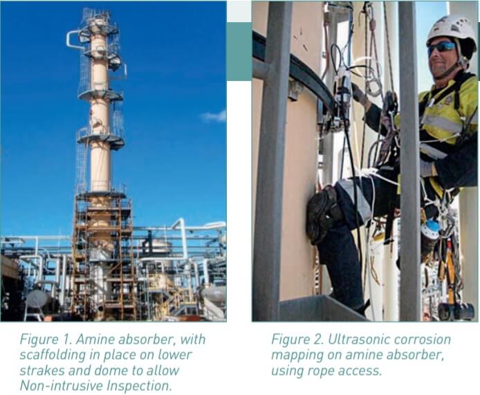 Figure 1 and 2. Scaffolding and rope access for inspections.
