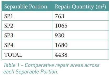 Table 1. Comparative repair areas across each Separable Portion.