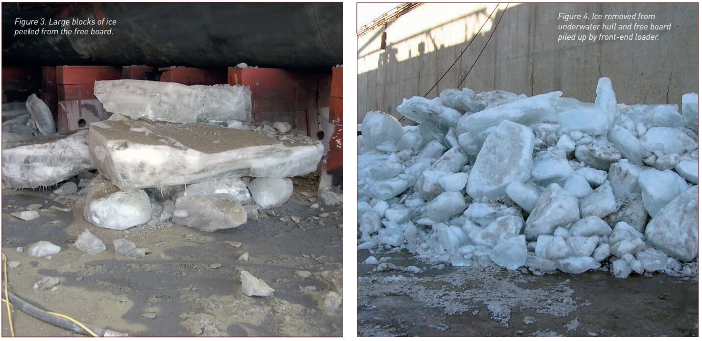 Figure 3 and 4. Large blocks of ice removed from ship's hull.