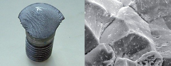Fractured bolt and scanning electron microscope image of fracture surface