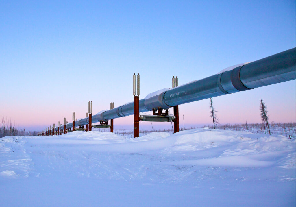 Trans-Alaska pipeline along the Dalton Highway in winter.